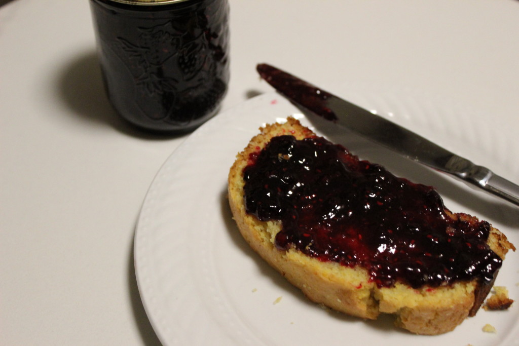 eating my mixed berry jam on cornbread