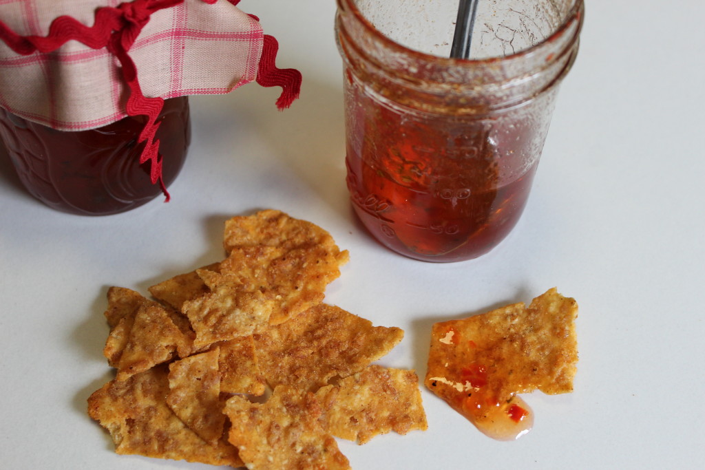 dipping my sweet chili rice chips in red pepper jam