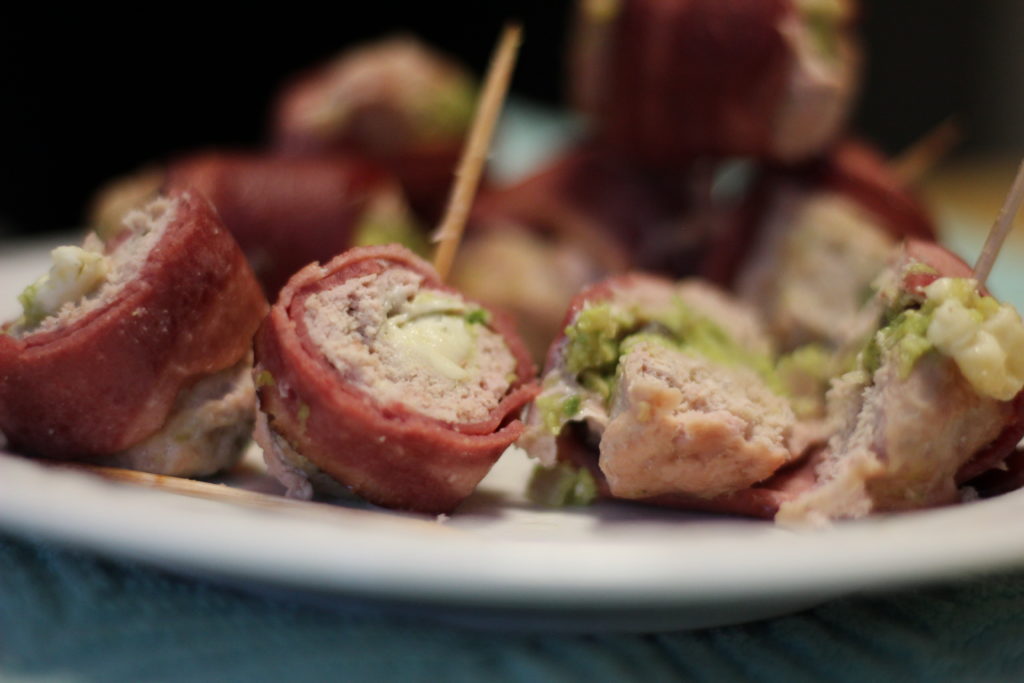 stuffed turkey meatballs wrapped in turkey bacon