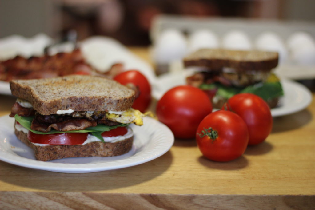 I can't stop making/devouring these bacon/egg/spinach/tomato sandwiches with tomatoes from our garden!!